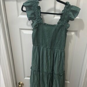 August sky green Smocked Ruffled Midi dress